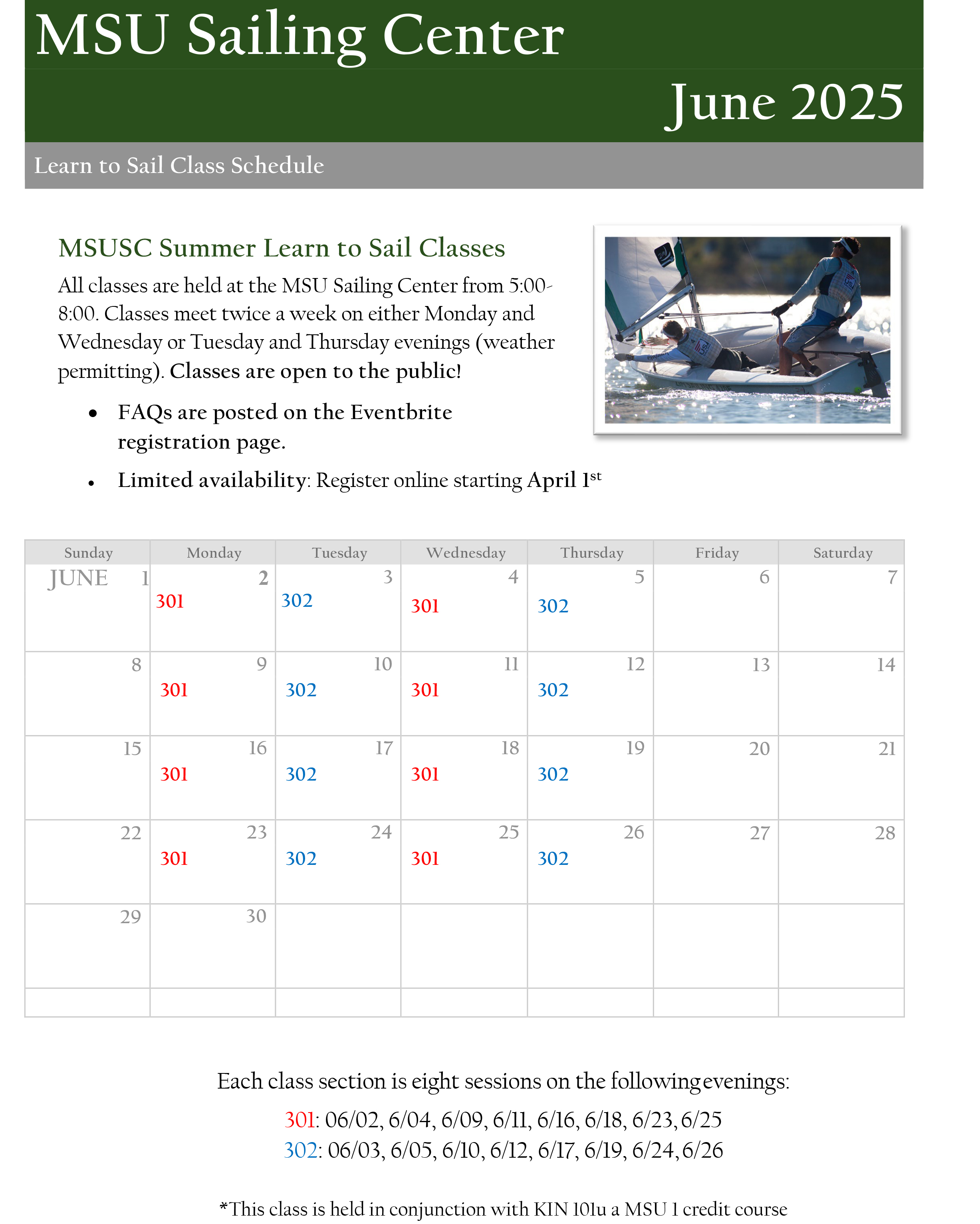 MSU Sailing Center Calendar June 2025