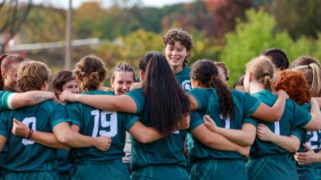 MSU Women's Rugby huddle vs Indiana 2025